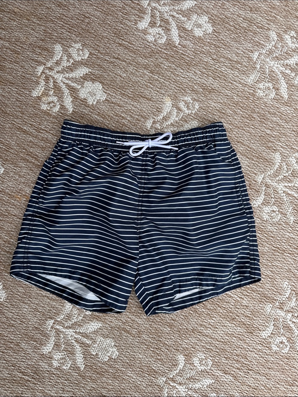 H & M Men's Navy Striped Swim Shorts with Drawstring